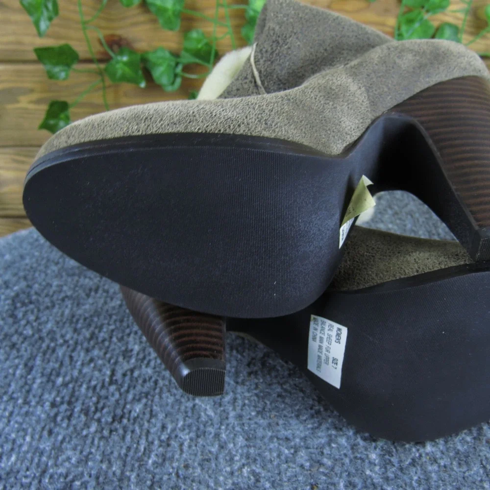 Womens Ankle Boots High Heel‎ Sheep Fur Cuff Taupe Brown Western Booties